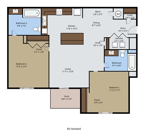 Floor plan for 2 beds, 2 baths, 1004 sqft